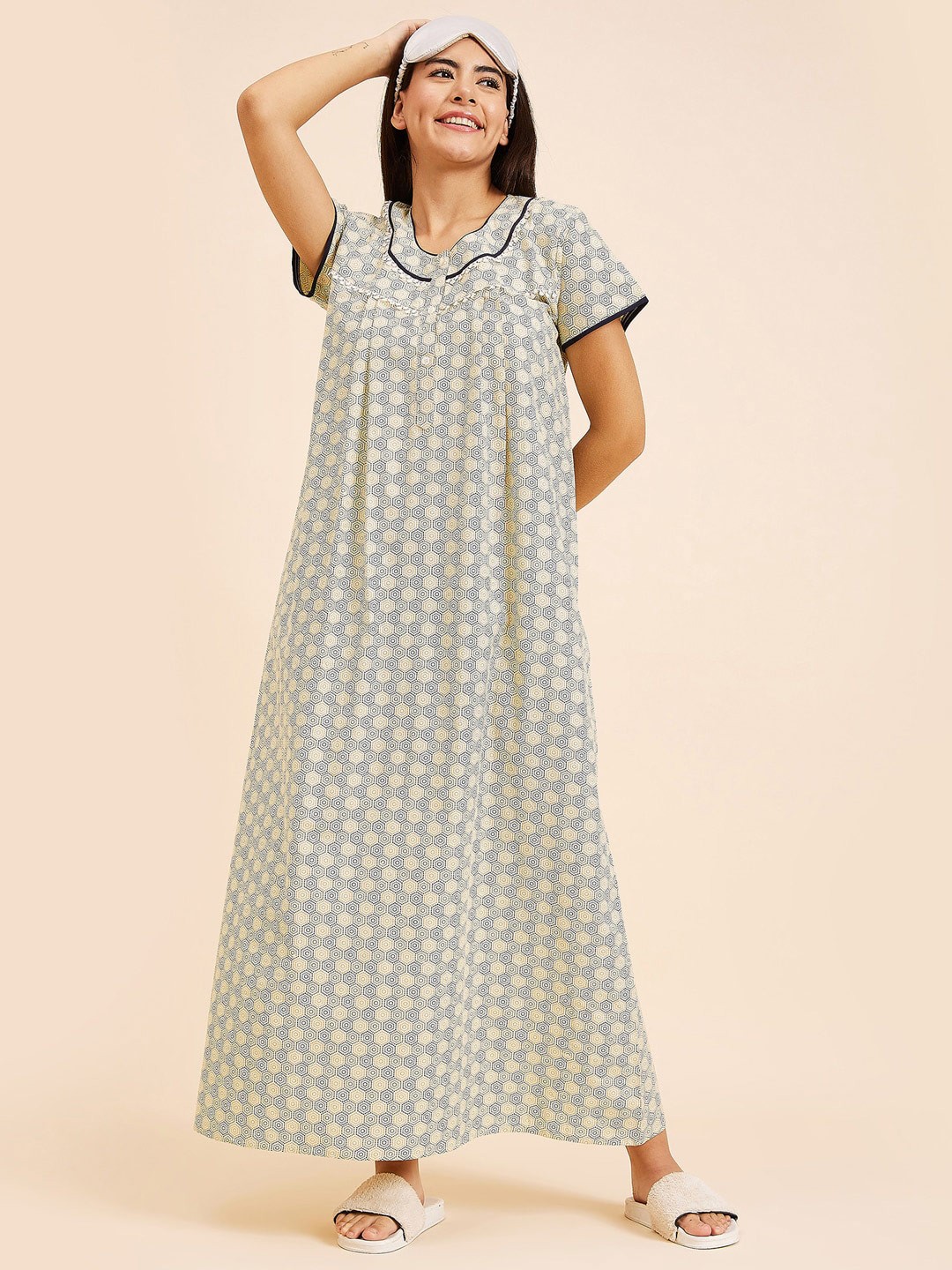 

Sweet Dreams Geometric Printed Pure Cotton Maxi Everyday Nightdress, Yellow