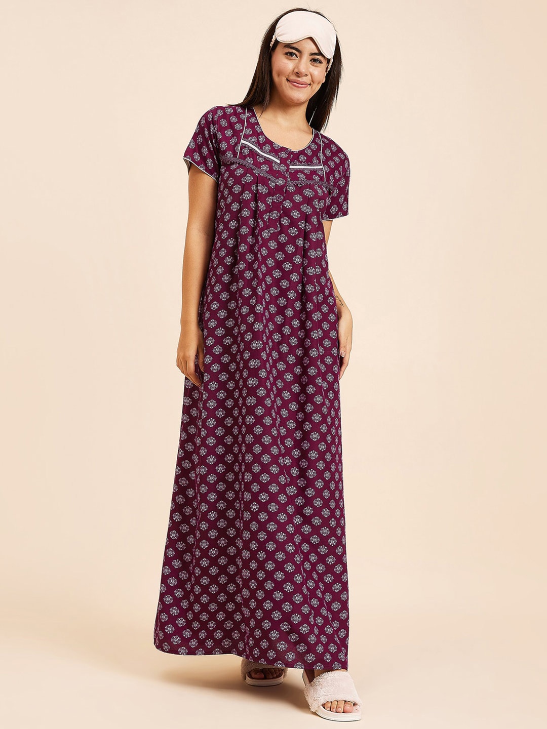 

Sweet Dreams Ethnic Motifs Printed Maxi Nightdress, Burgundy