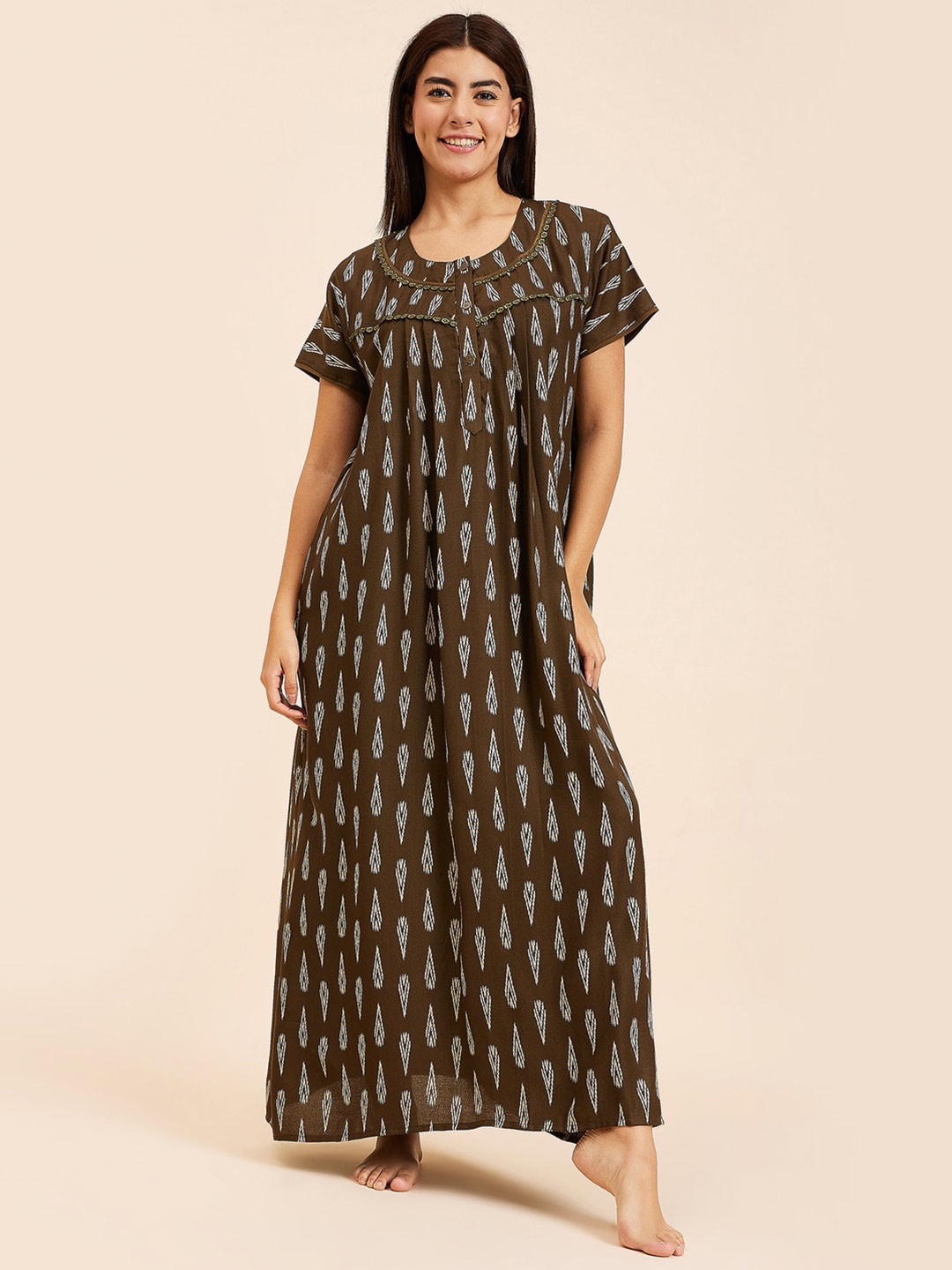 

Sweet Dreams Ethnic Motifs Printed Pure Cotton Maxi Nightdress, Olive