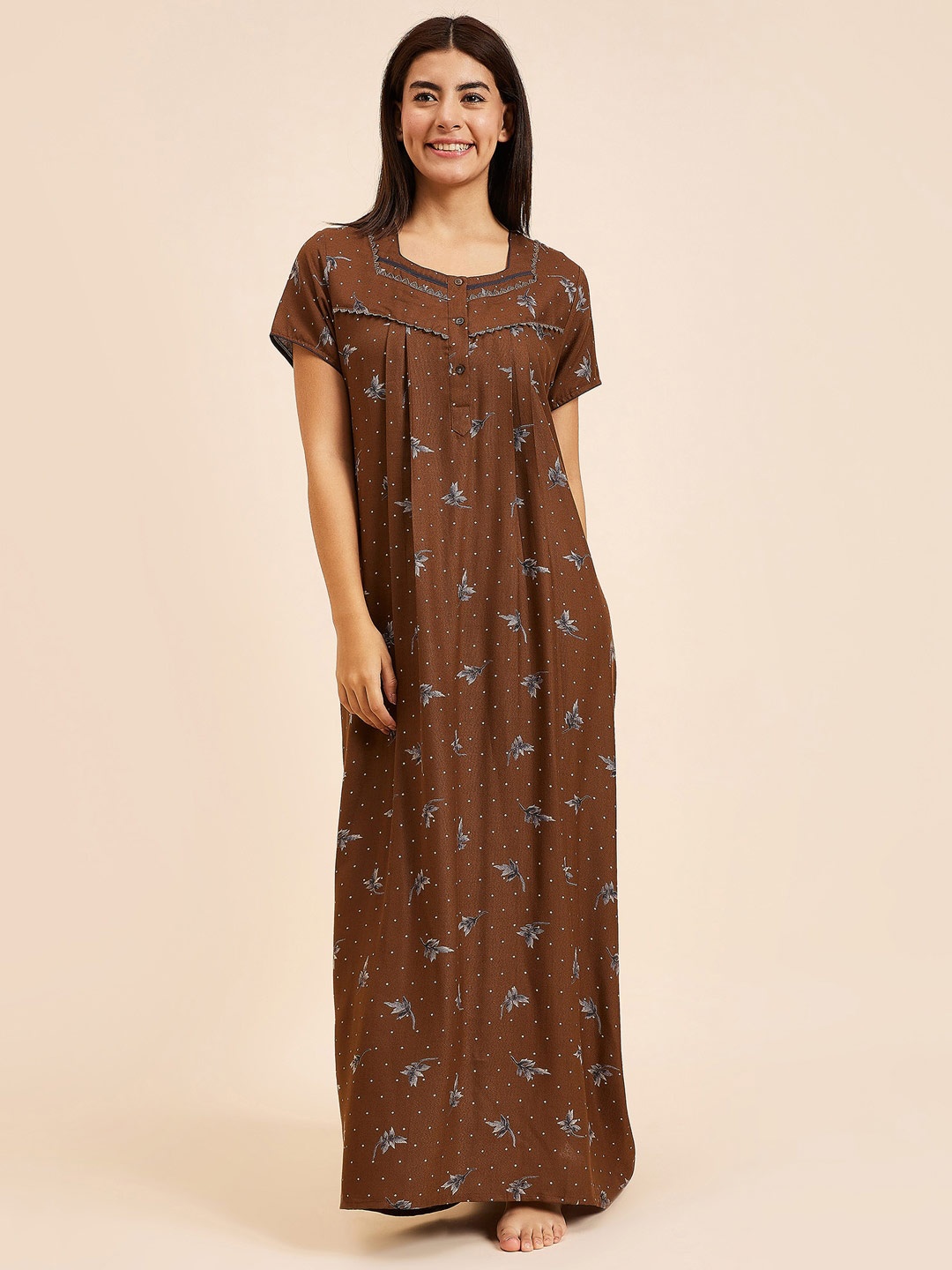

Sweet Dreams Khaki Floral Printed Pure Cotton Maxi Nightdress
