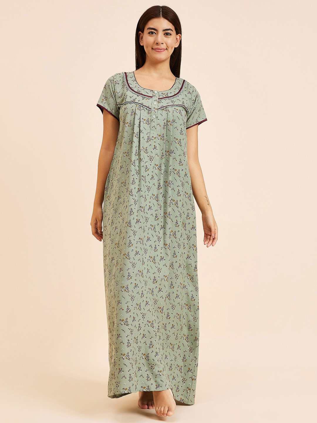 

Sweet Dreams Green Floral Printed Pure Cotton Maxi Nightdress