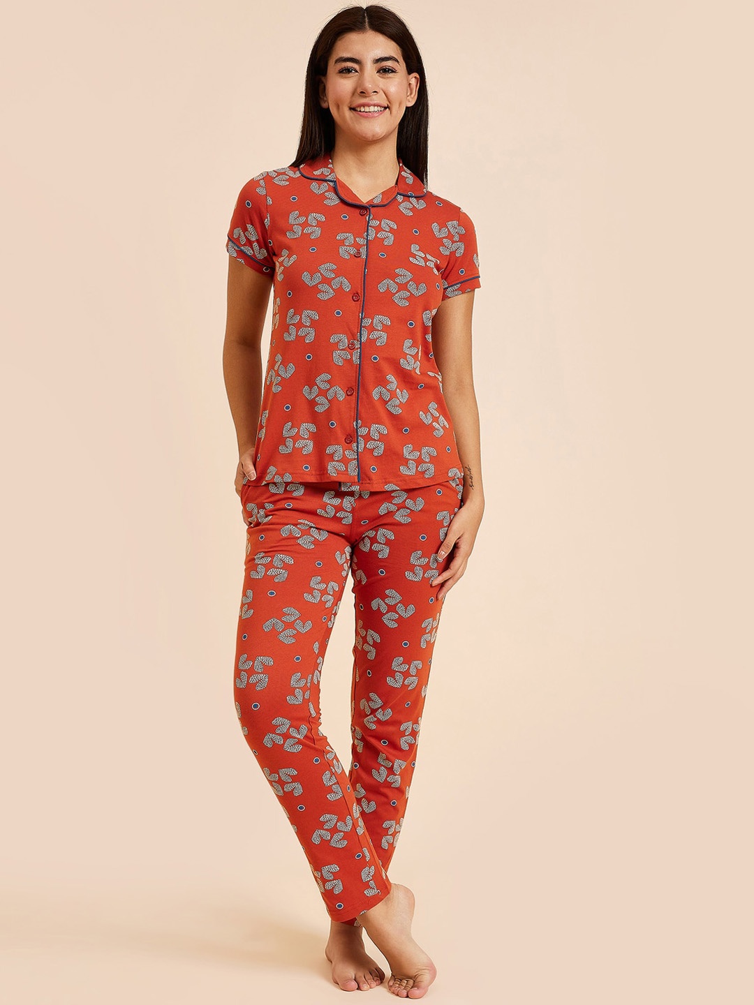 

Sweet Dreams Conversational Printed Pure Cotton Night Suit, Rust
