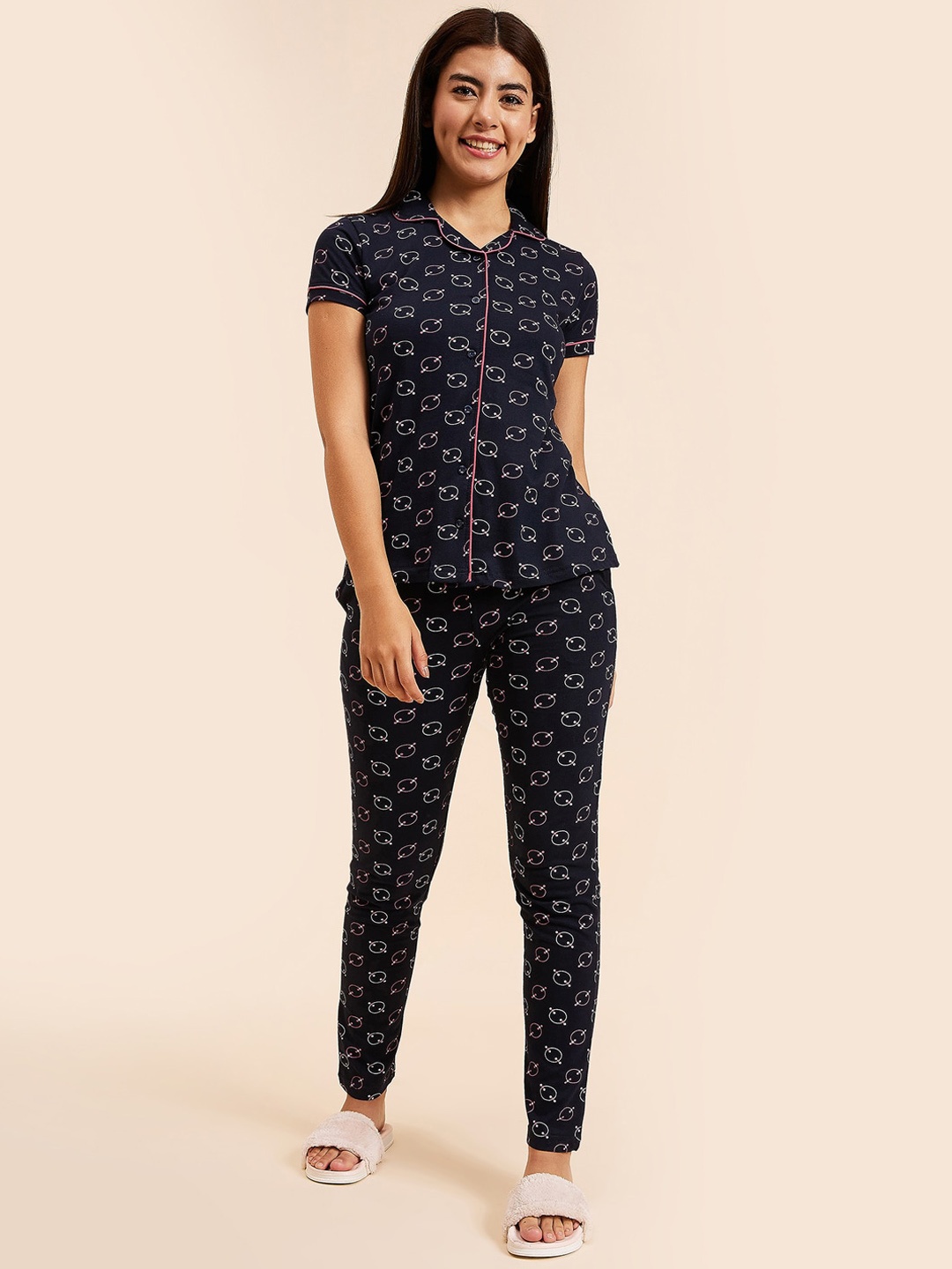 

Sweet Dreams Navy Blue & White Printed Night suit