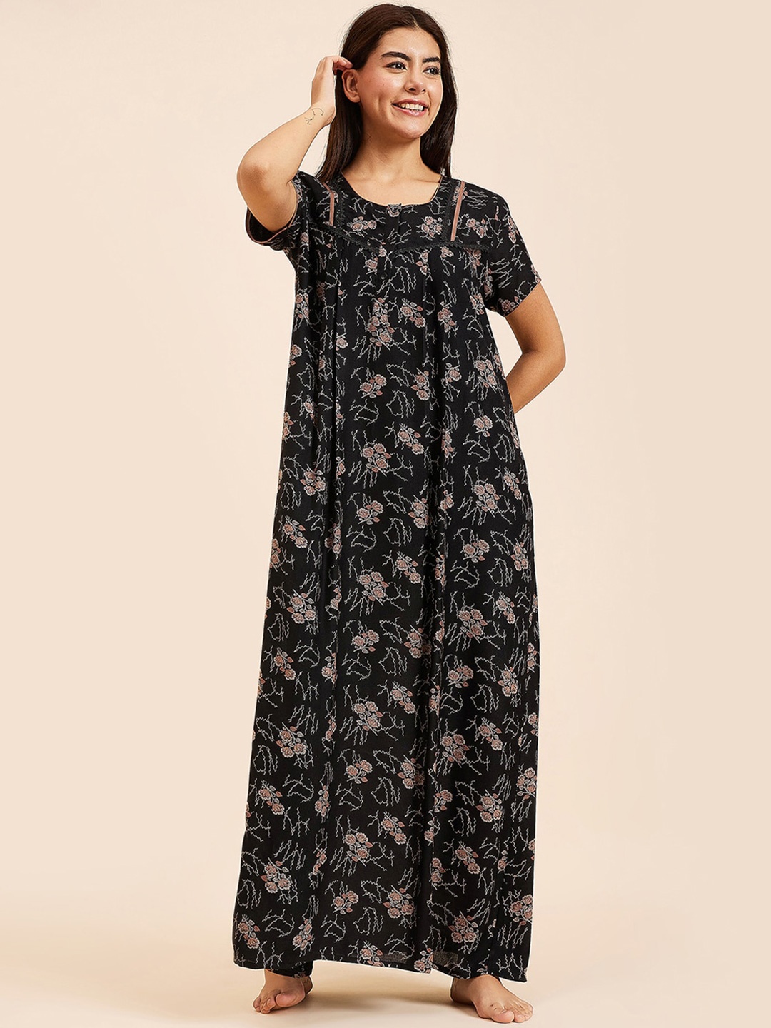 

Sweet Dreams Printed Pure Cotton Maxi Nightdress, Black