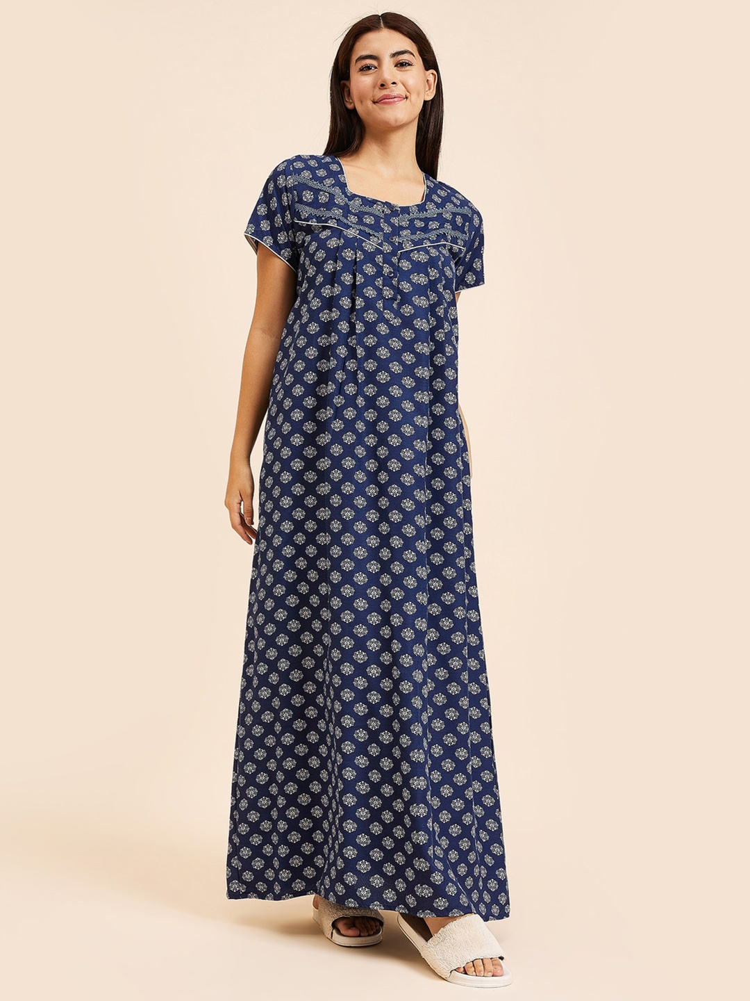 

Sweet Dreams Printed Pure Cotton Maxi Nightdress, Navy blue