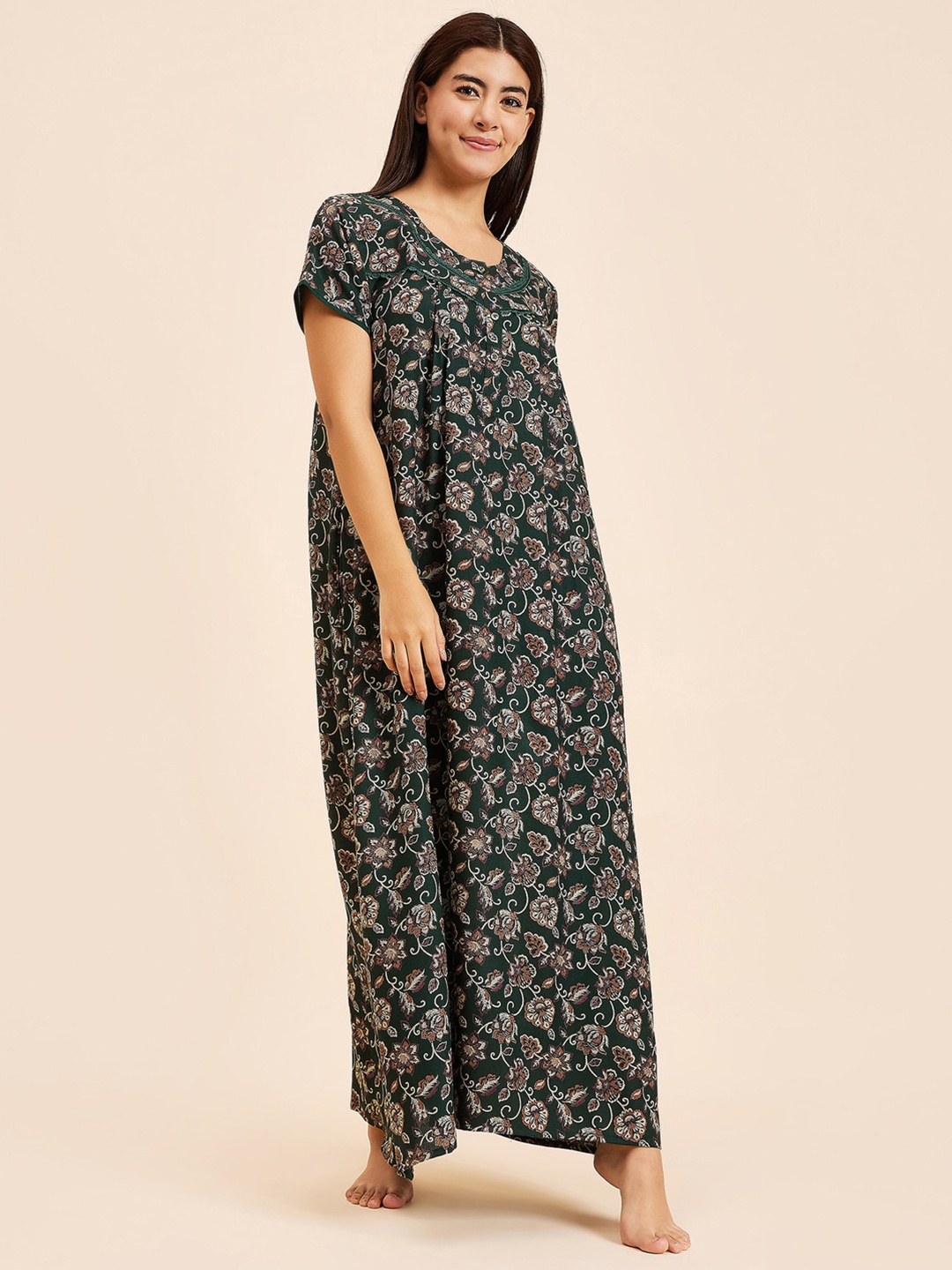 

Sweet Dreams Green Ethnic Motifs Printed Pure Cotton Maxi Nightdress