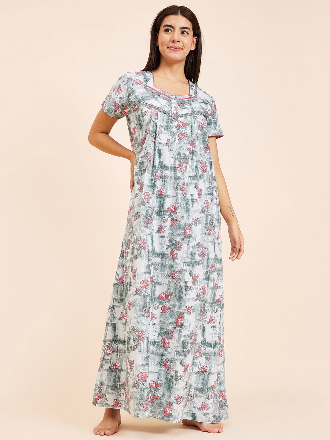 

Sweet Dreams Green Floral Printed Pure Cotton Maxi Nightdress