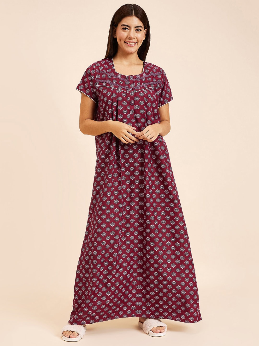 

Sweet Dreams Maroon Floral Printed Pure Cotton Maxi Nightdress