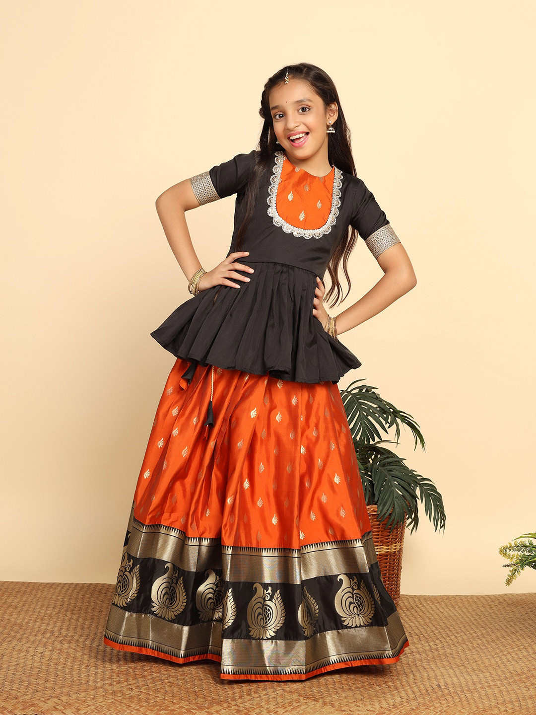 

FASHION DREAM Girls Black & Red Embellished Ready to Wear Lehenga with Blouse