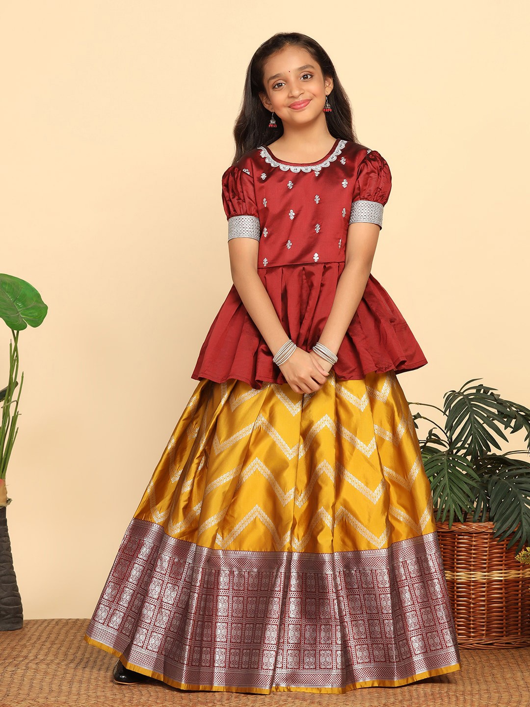 

FASHION DREAM Girls Embroidered Puffed Sleeves Ready to Wear Lehenga with Blouse, Maroon