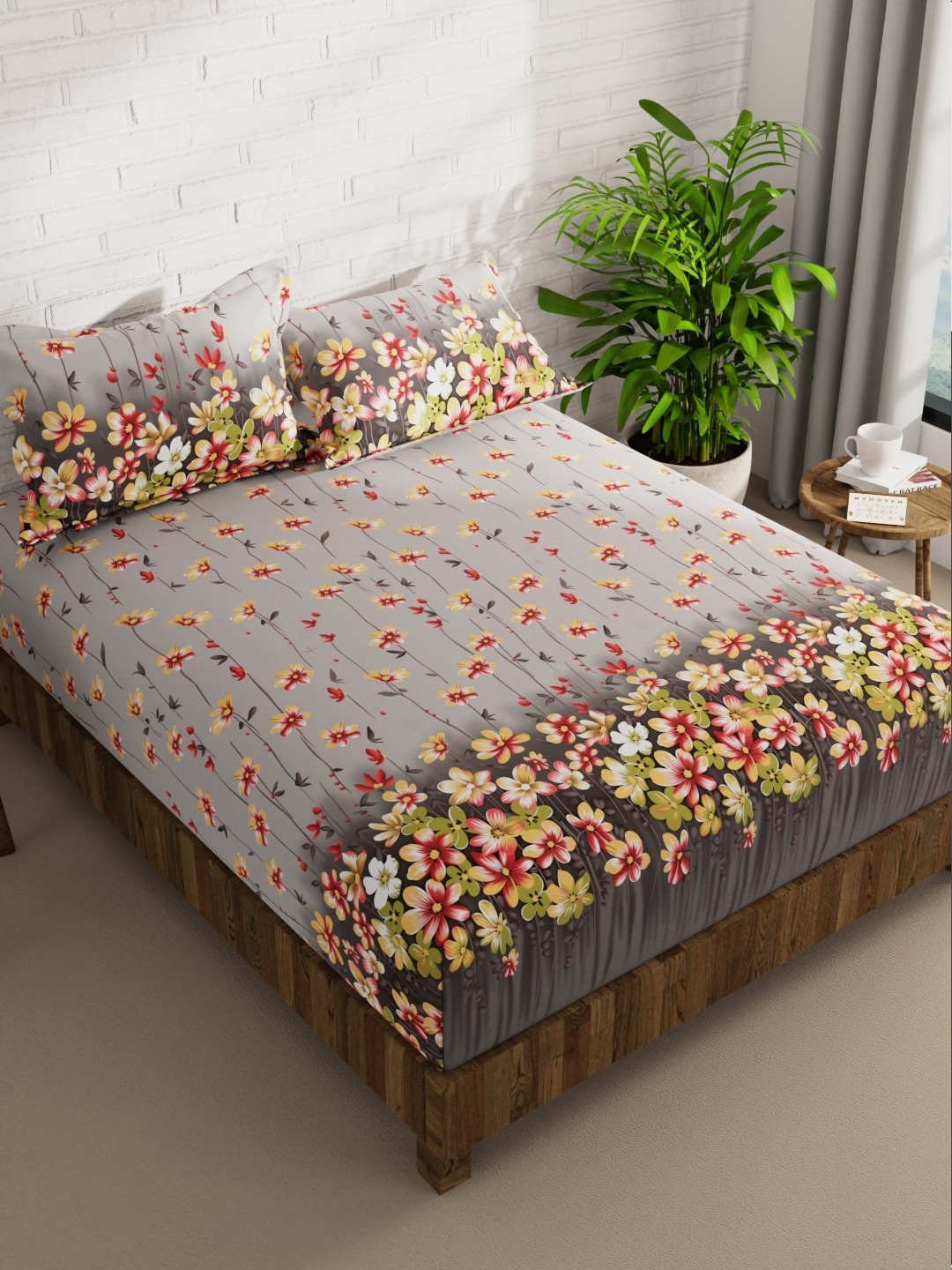 

KOPA Grey & Pink Floral 152 TC Queen Bedsheet with 2 Pillow Covers