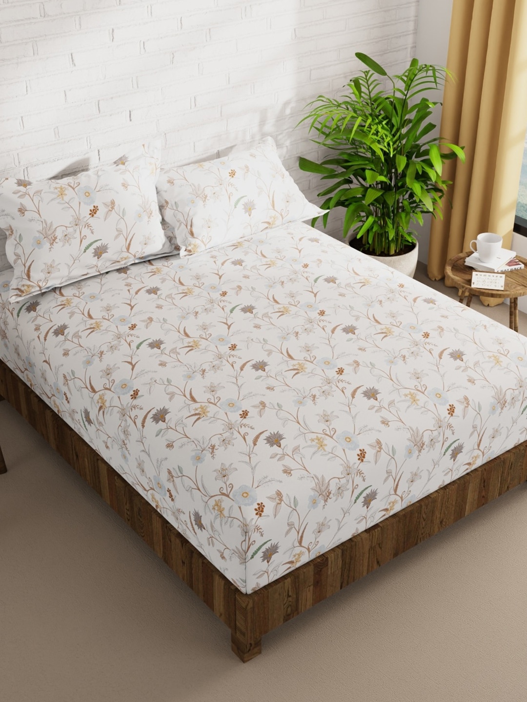 

BIANCA White & Brown Floral 152 TC Queen Bedsheet with 2 Pillow Covers