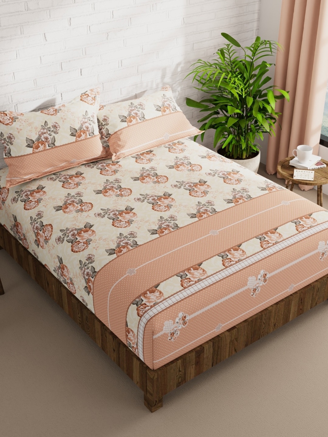 

KOPA Beige & White Floral 152 TC Queen Bedsheet with 2 Pillow Covers