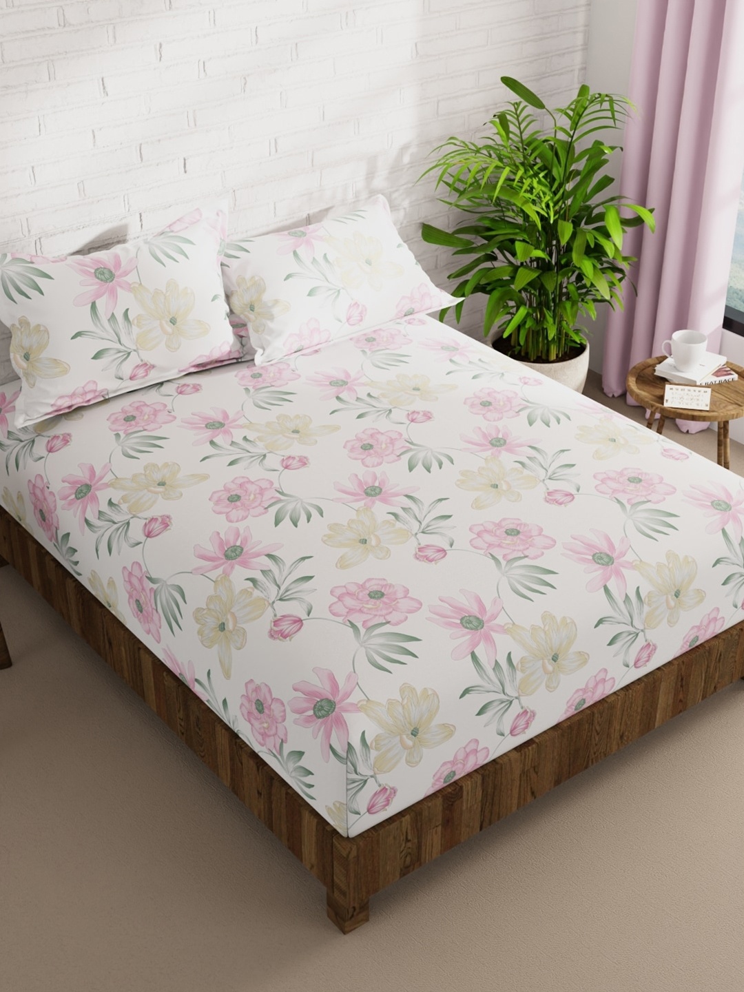 

BIANCA White & Pink Floral 152 TC Queen Bedsheet with 2 Pillow Covers