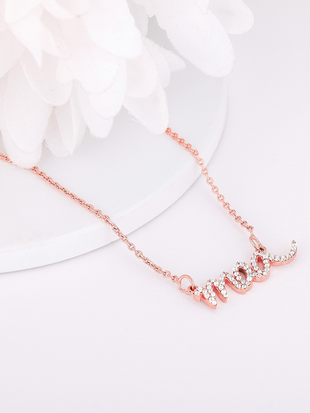 

GIVA Sterling Silver Rose Gold-Plated Cubic Zirconia-Studded Maa Charm Necklace