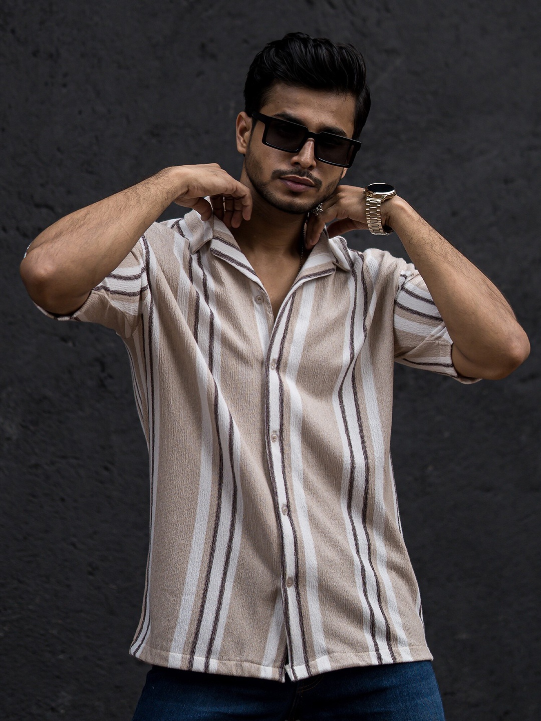

Maniac Classic Vertical Stripes Cotton Oversized Shirt, Beige