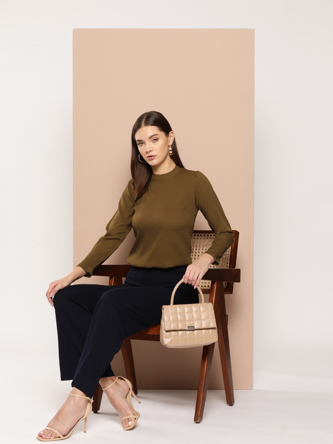 

Chemistry Mandarin Collar Crepe Top, Bronze