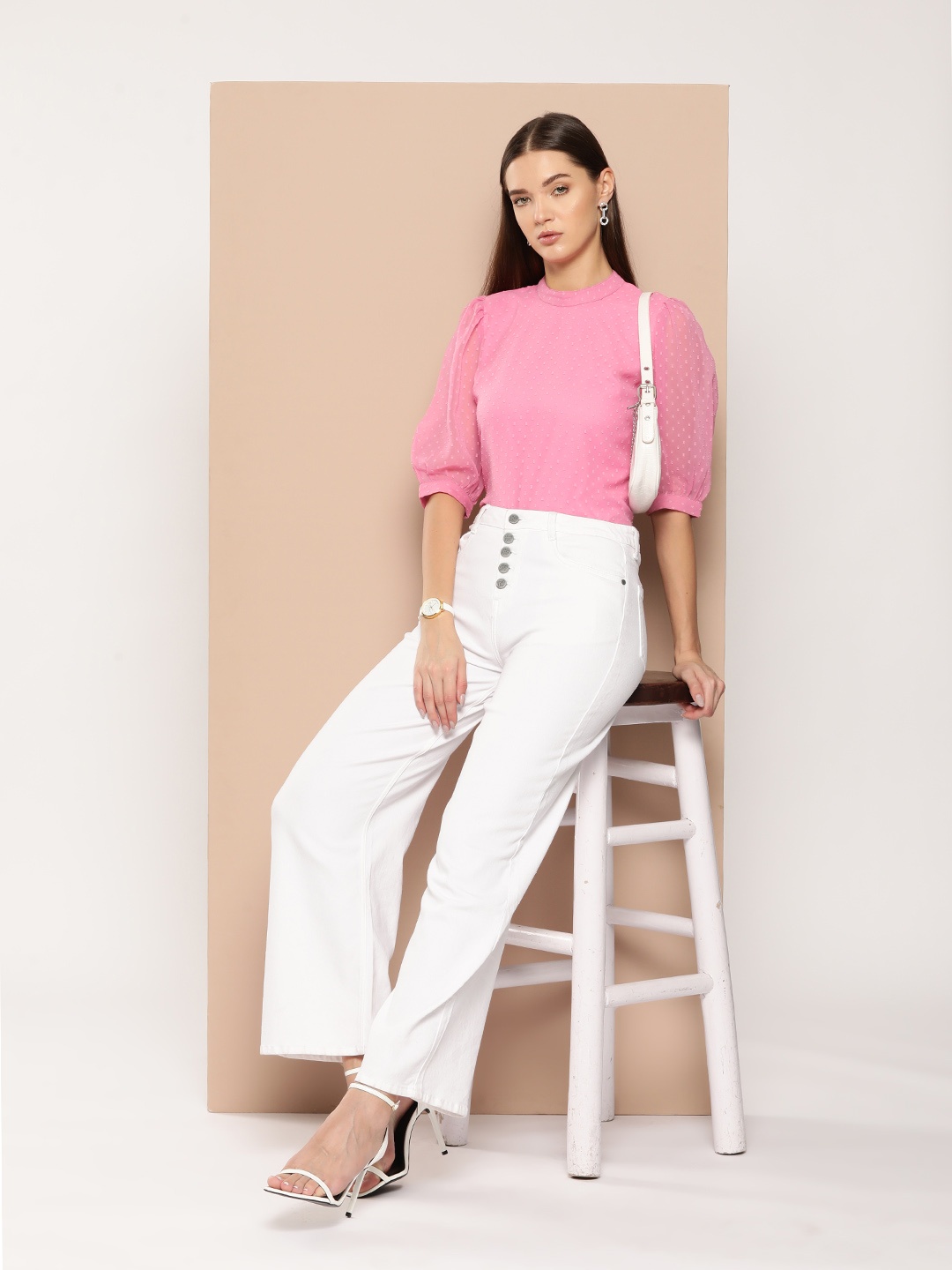 

Chemistry Mandarin Collar Puff Sleeves Georgette Top, Pink