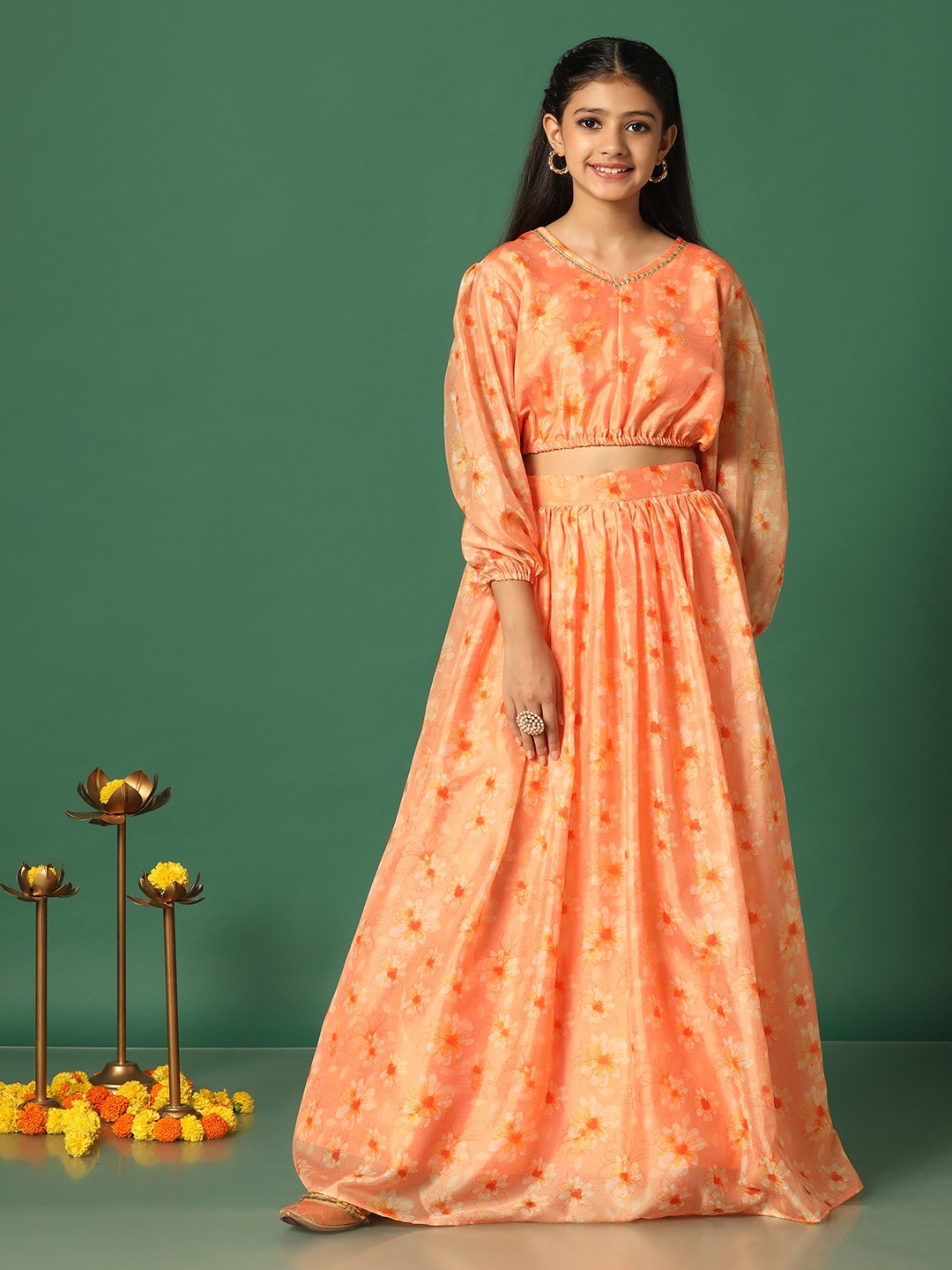 

FASHION DREAM Girls Floral Printed Ready to Wear Lehenga & Choli, Orange