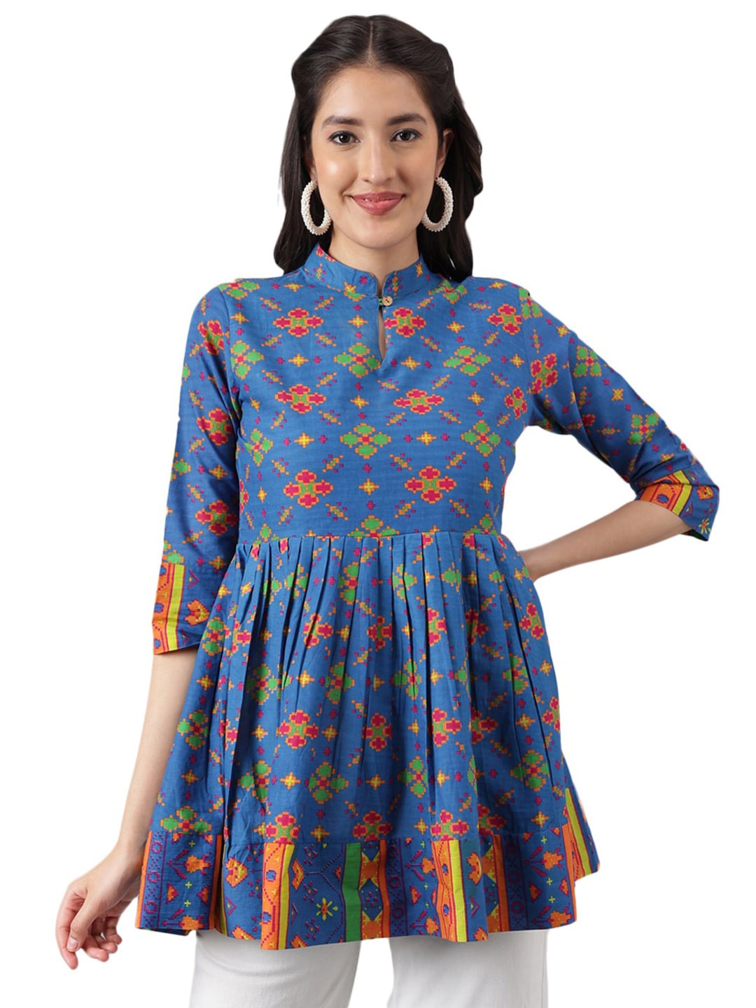 

Nimayaa Ethnic Motif Printed Mandarin Collar Gathered or Pleated Pure Cotton A-Line Top, Navy blue