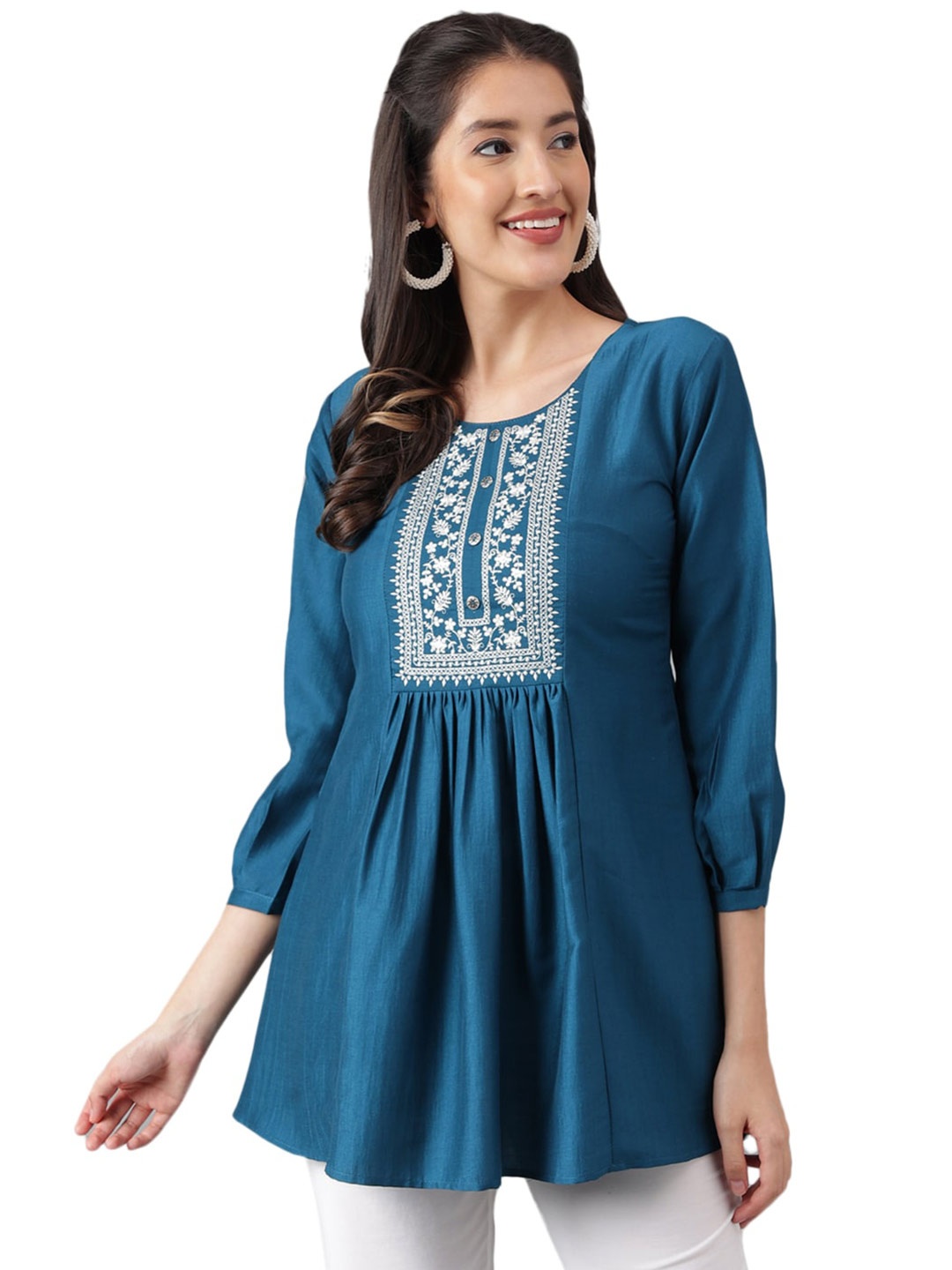 

Nimayaa Floral Embroidered A-Line Kurti, Blue