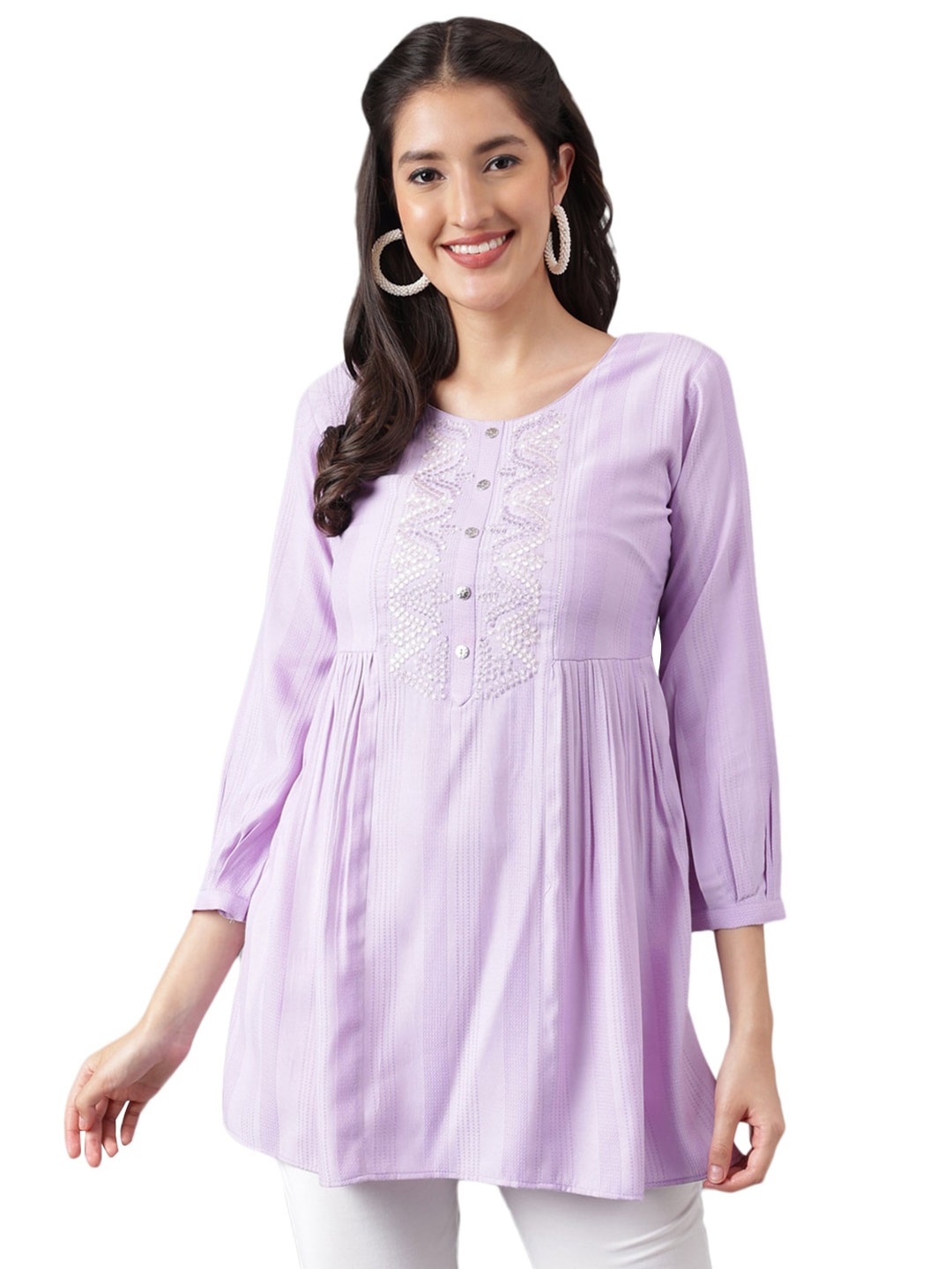 

Nimayaa Floral Embroidered Longline A-Line Kurti, Lavender