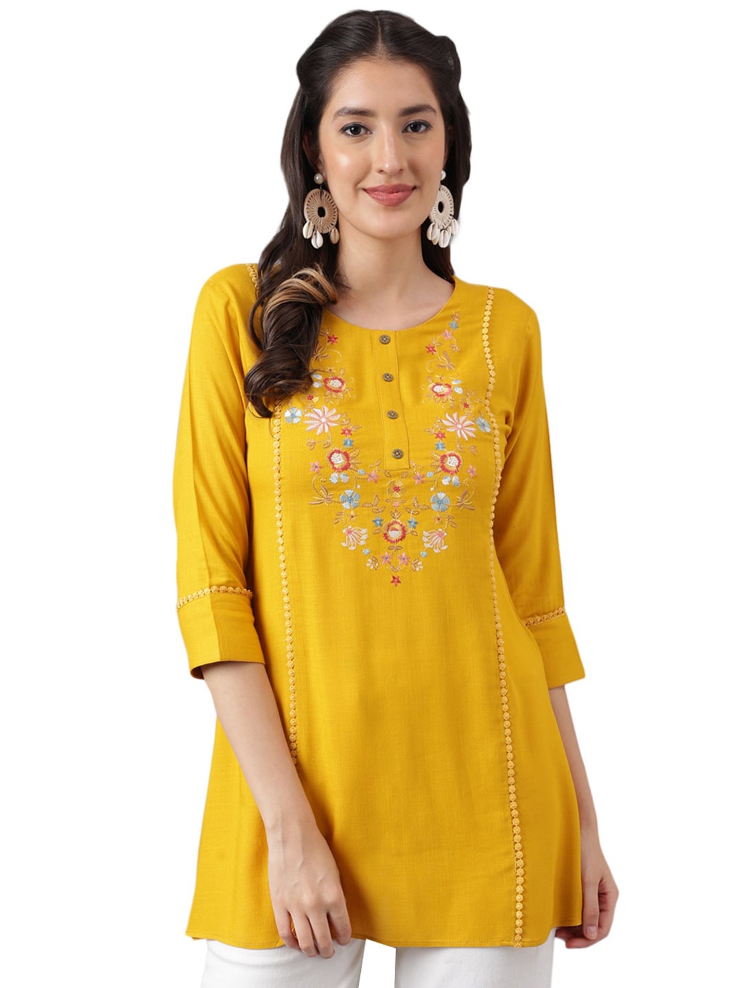 

Nimayaa Floral Embroidered Straight Kurti, Mustard