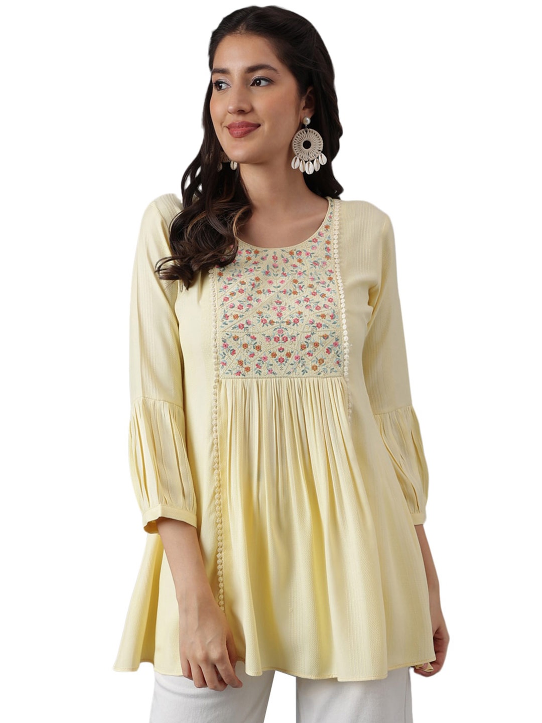 

Nimayaa Floral Embroidered Longline A-Line Kurti, Yellow