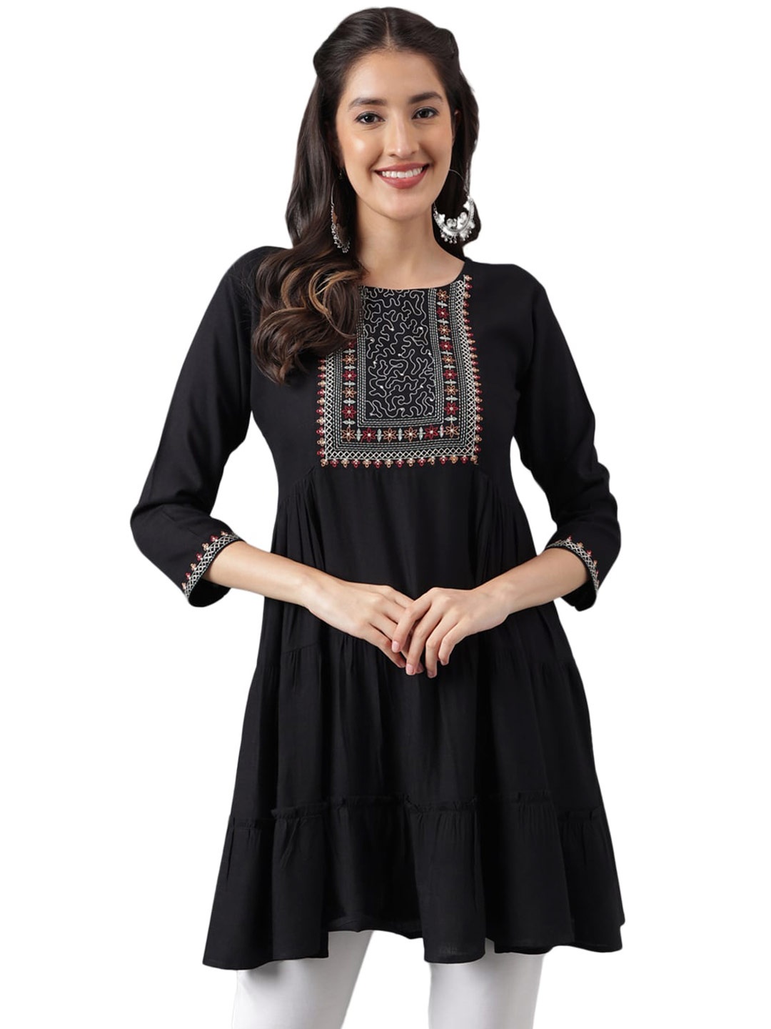 

Nimayaa Ethnic Motifs Embroidered Longline A-Line Kurti, Black