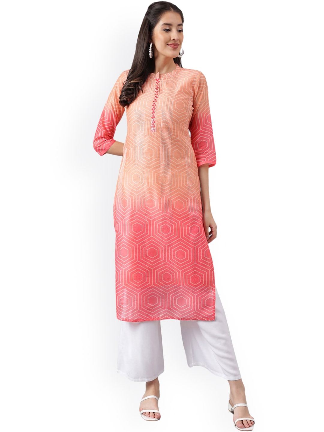 

Nimayaa Geometric Printed Mandarin Collar Sequin Detail Straight Kurta, Peach