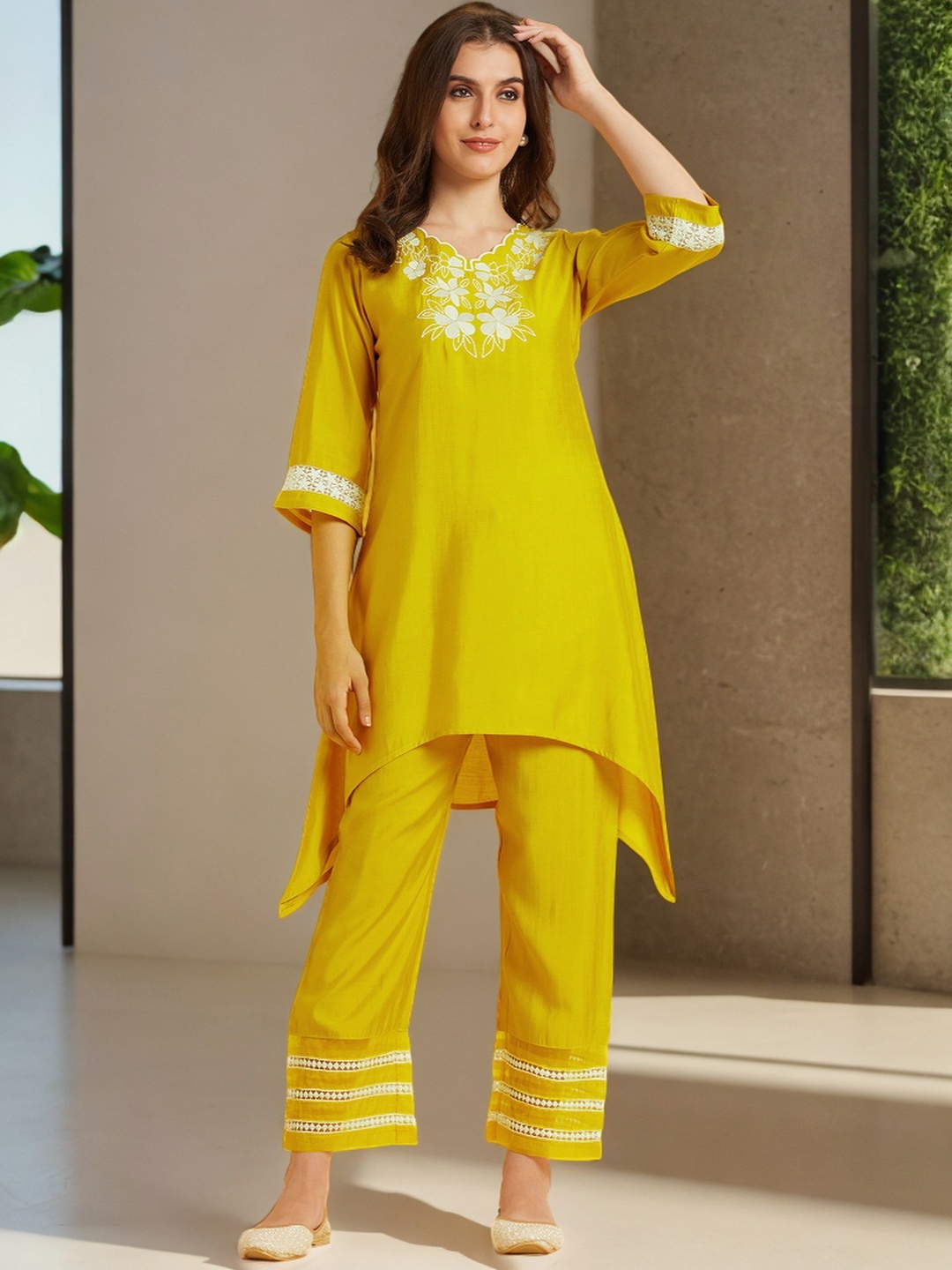 

Azira Embroidered V-Neck High-Low Embroidered Co-Ords Set, Yellow