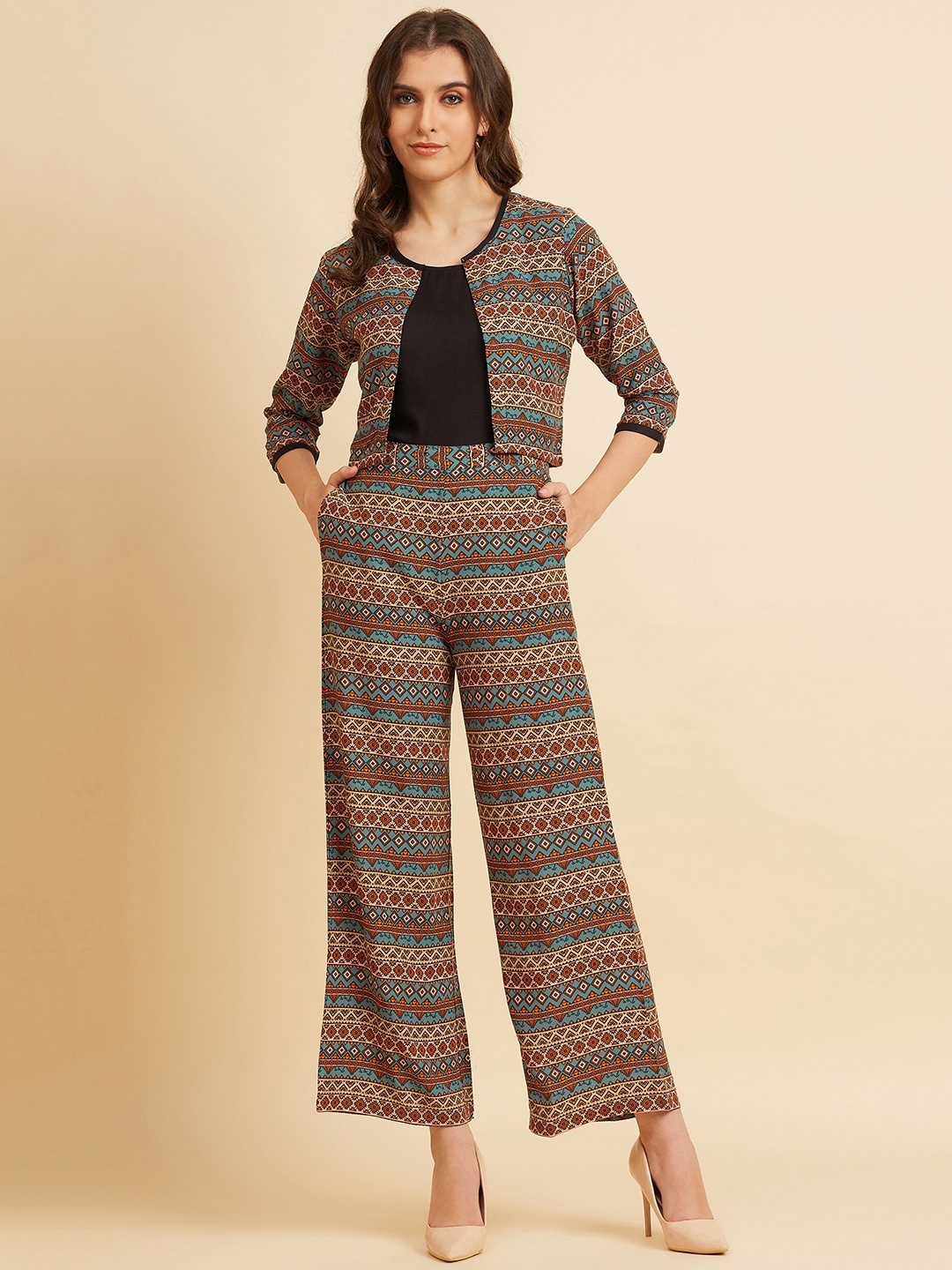 

Azira Ethnic Motif Printed Front Open Coat With Trouser Co-Ords, Green