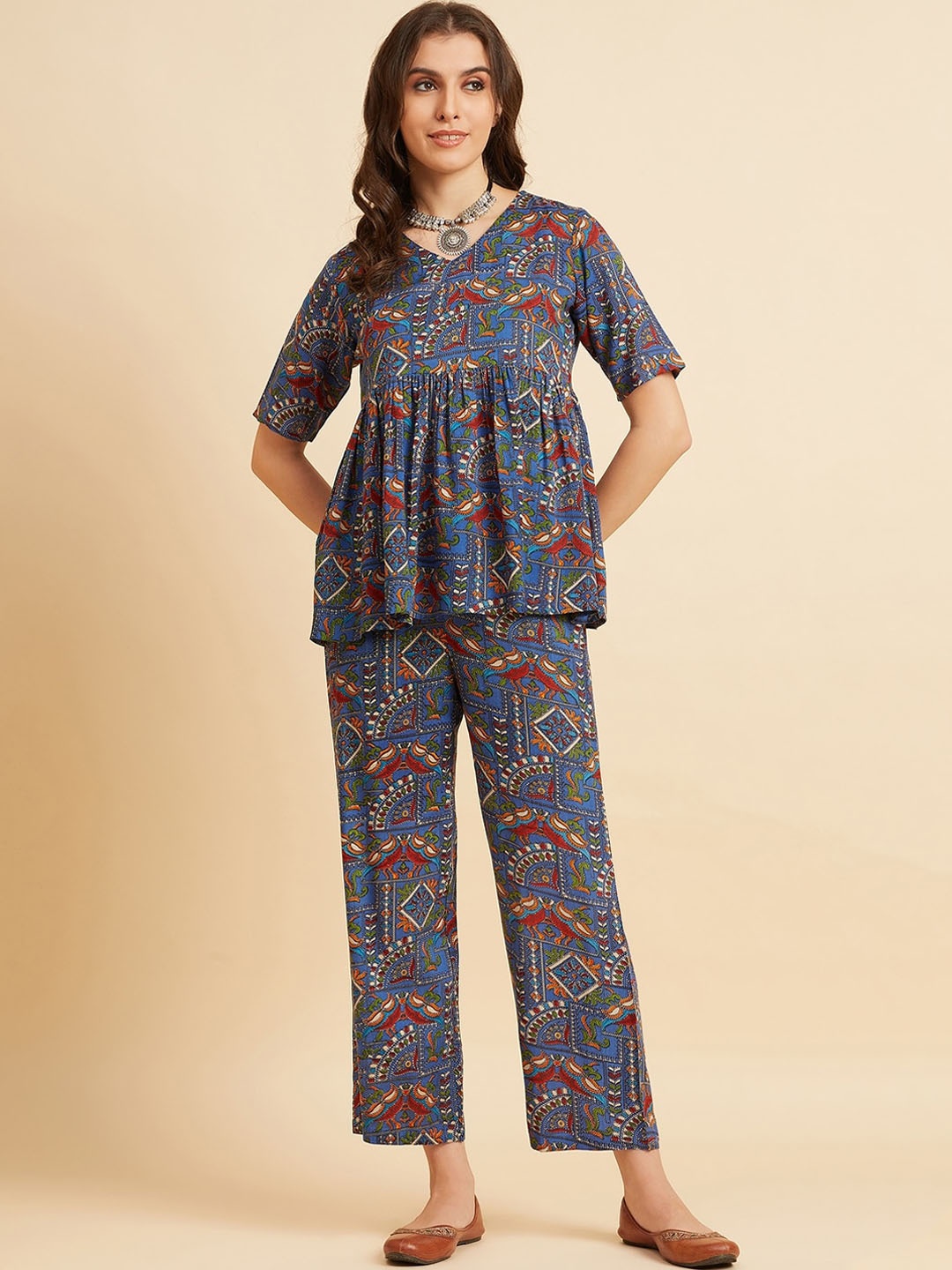 

Azira Ethnic Motif V Neck Co-Ords Set, Blue