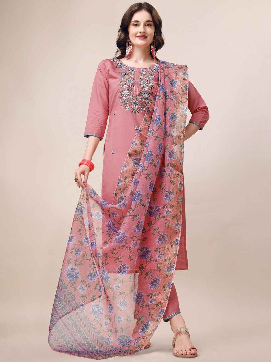 

KALINI Floral Embroidered Regular Chanderi Cotton Kurta & Trousers With Dupatta, Pink