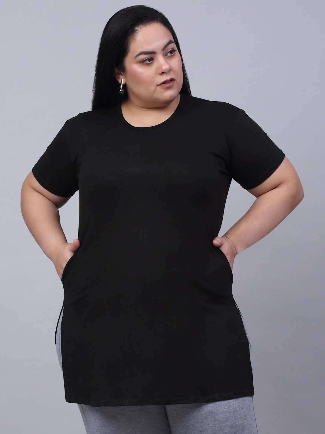 

Trend Level Plus Size Pure Cotton Longline T-shirt, Black
