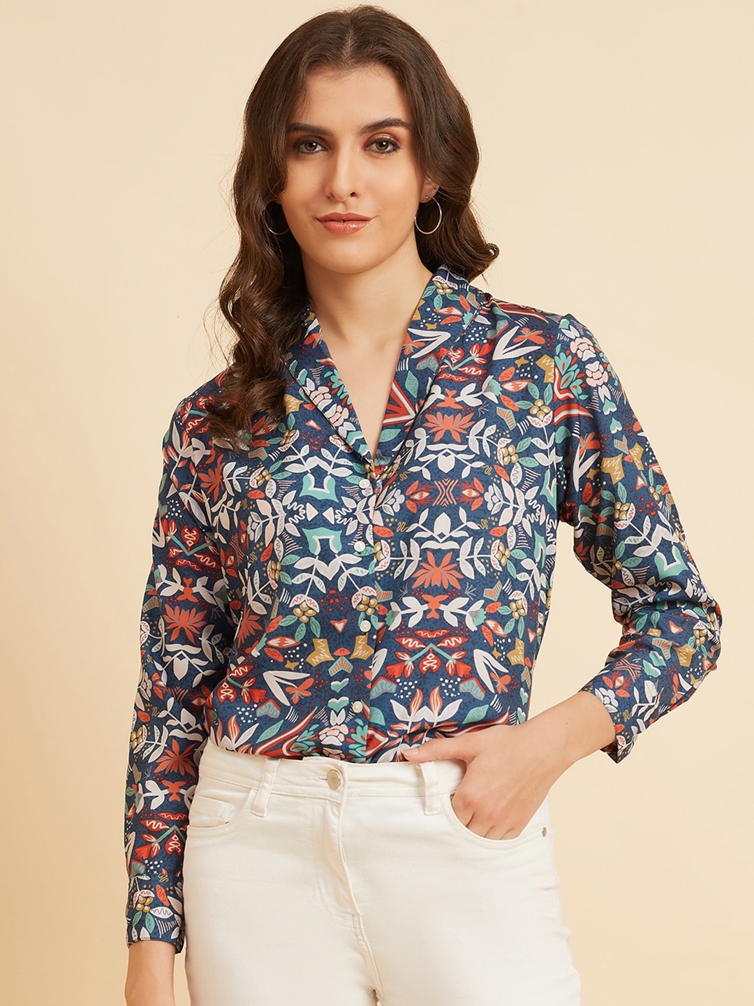 

Azira Floral Printed Shawl Collar Casual Shirt, Blue