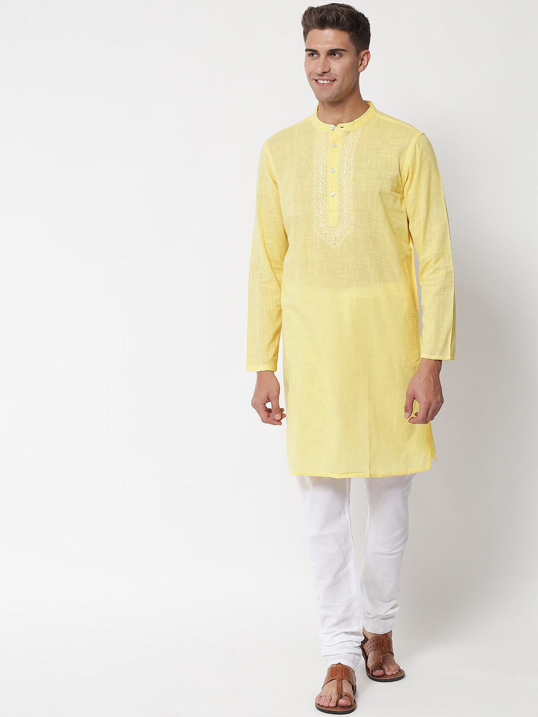 

akheri Yoke Design Embroidered Straight Pure Cotton Kurta, Yellow