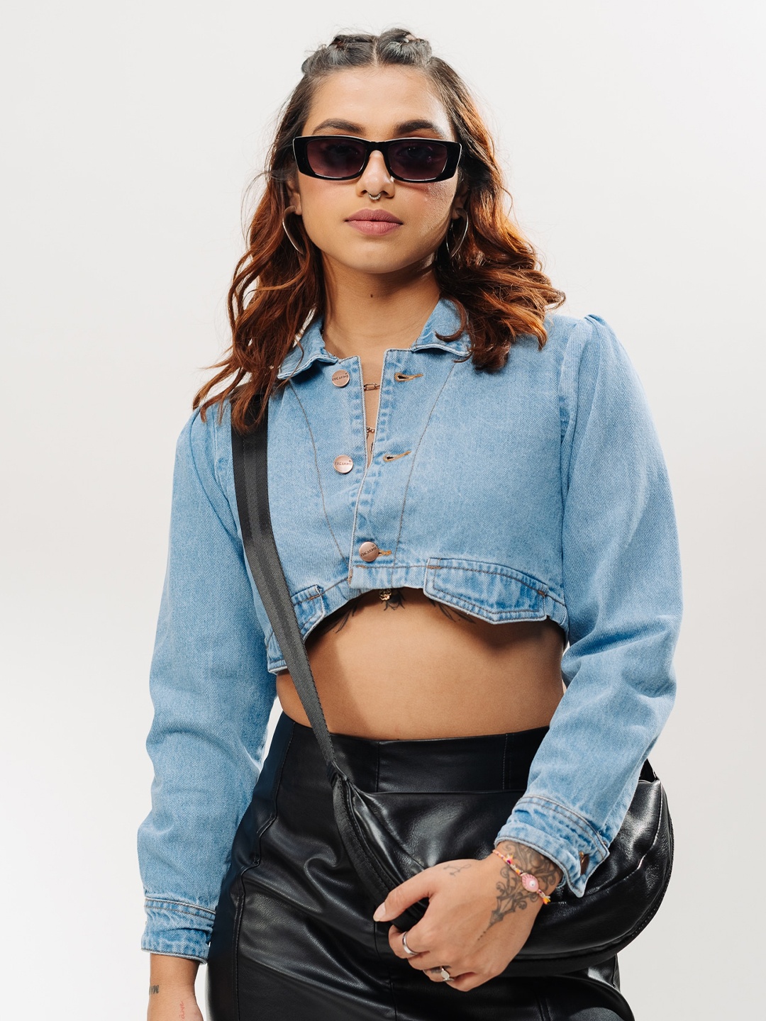 

FREAKINS Pure Cotton Shirt Style Crop Top, Blue