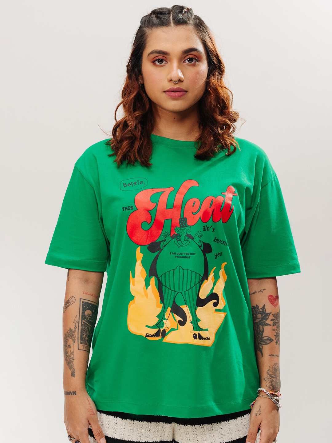 

FREAKINS Typography Printed Round Neck Drop-Shoulder Sleeves Oversized Pure Cotton T-shirt, Green