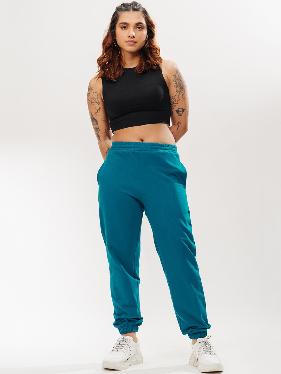 

FREAKINS Women High-Rise Clean Look Pure Cotton Jogger, Teal