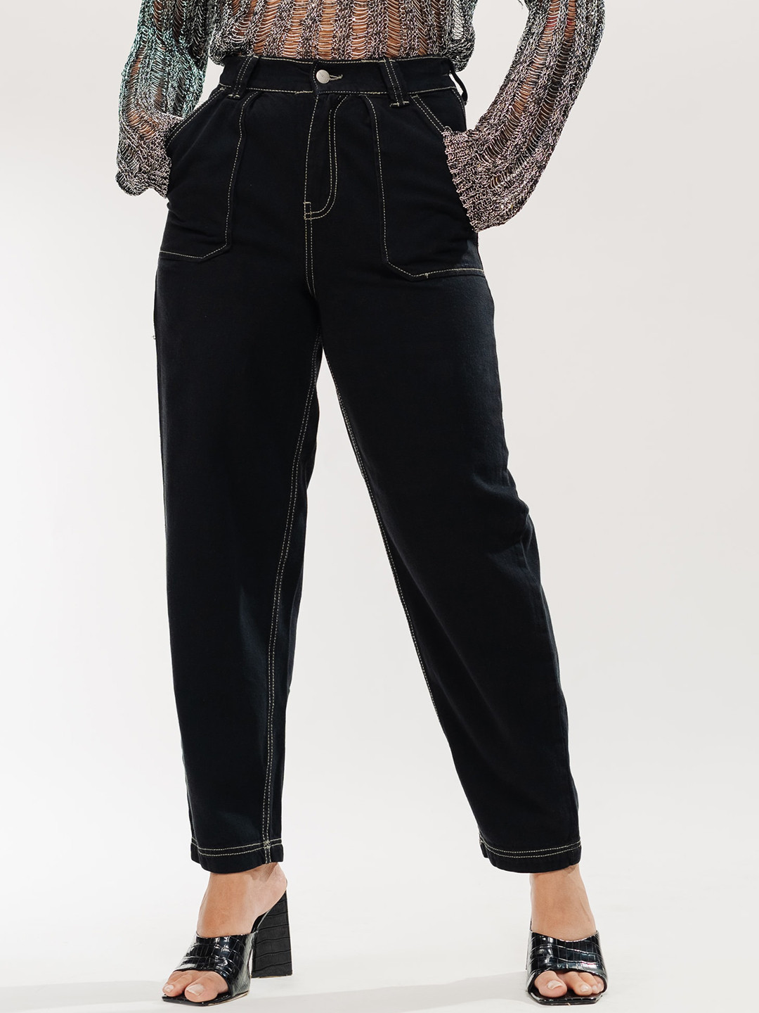 

FREAKINS Women Slouchy Fit High-Rise Clean Look Pure Cotton Jeans, Black