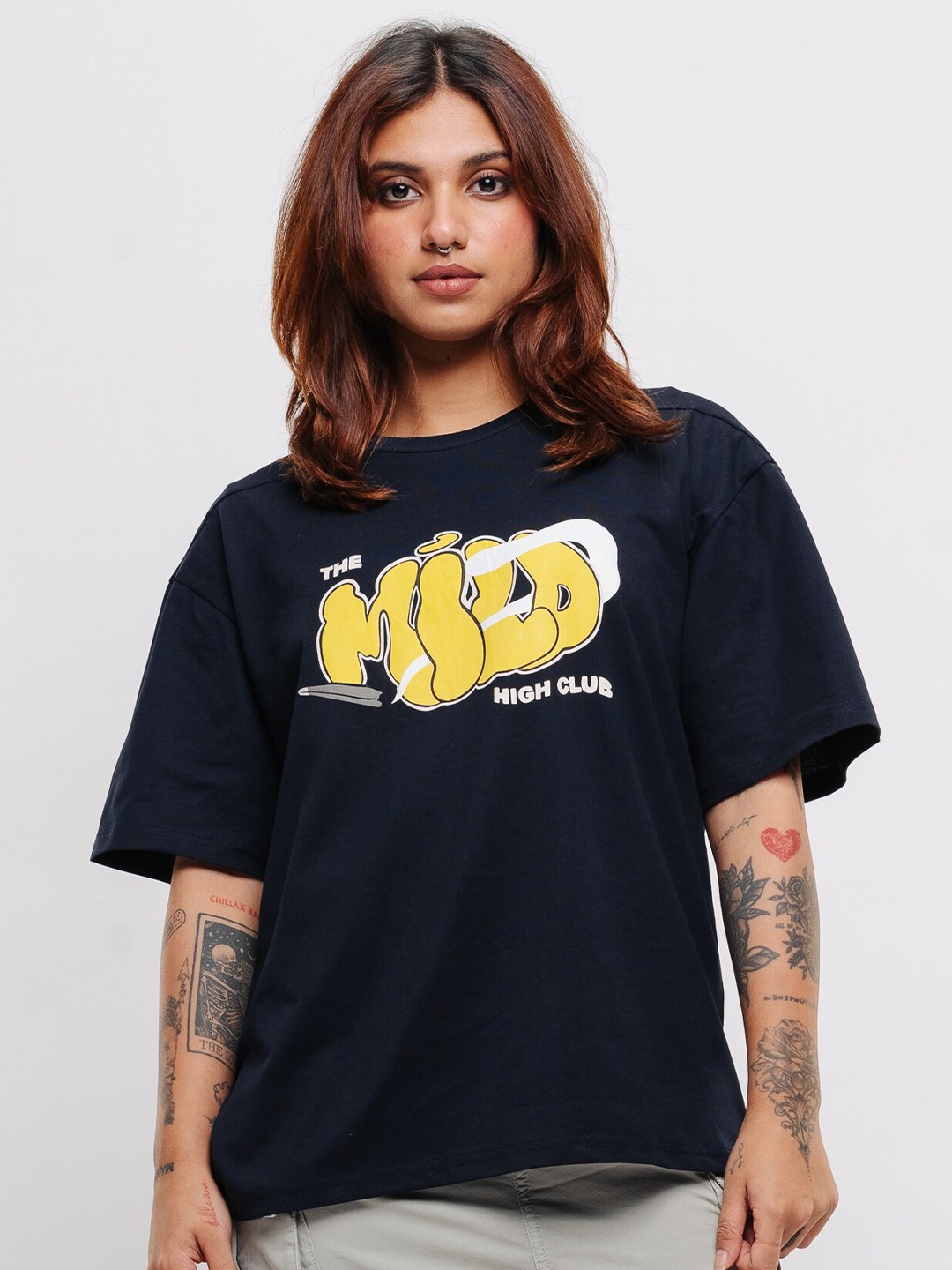 

FREAKINS Typography Printed Round Neck Drop-Shoulder Sleeves Oversized Pure Cotton T-shirt, Navy blue