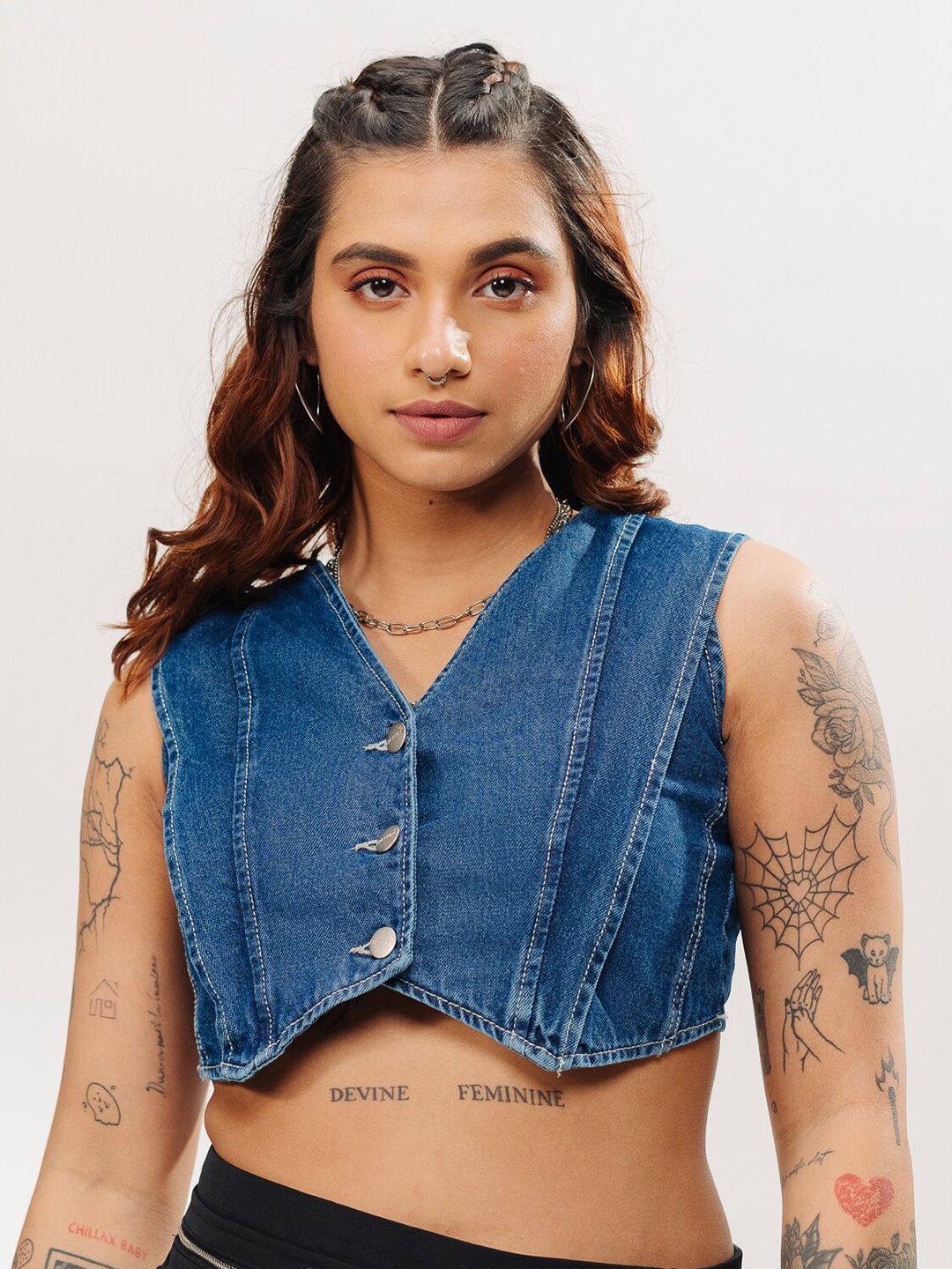

FREAKINS Pure Cotton Denim Crop Top, Blue