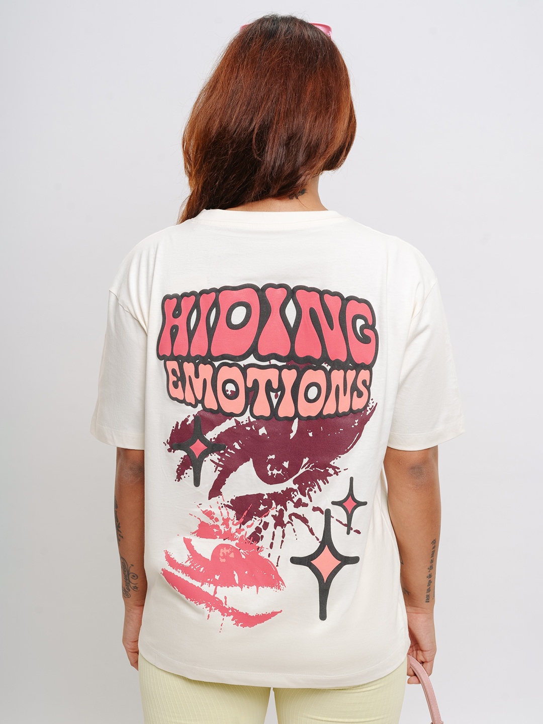 FREAKINS Typography Printed Round Neck Drop-Shoulder Sleeves Oversized Pure Cotton T-shirt, White