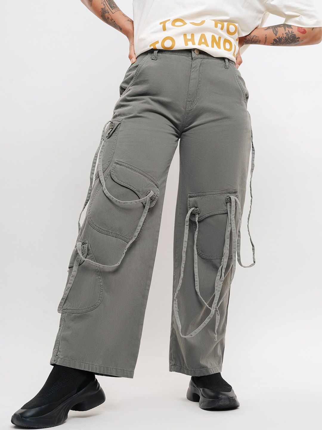 

FREAKINS Women Straight Fit High-Rise Clean Look Pure Cotton Cargos, Grey