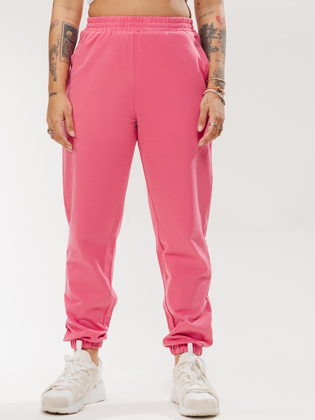 

FREAKINS Women Mid-Rise Clean Look Pure Cotton Joggers, Pink