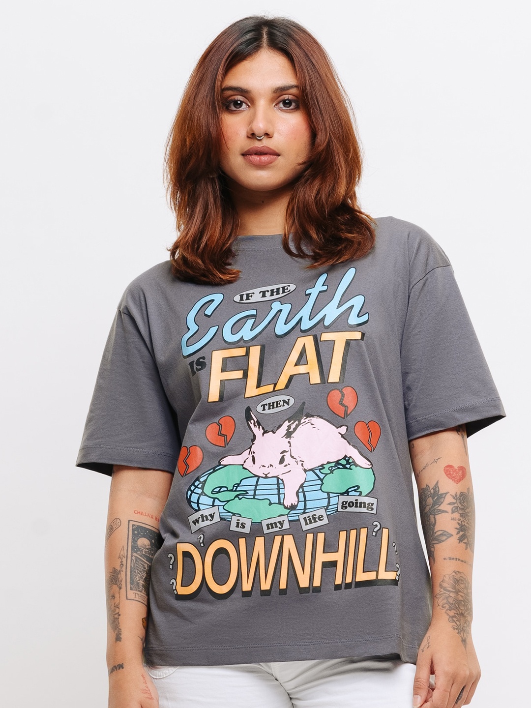 

FREAKINS Typography Printed Oversized Fit Pure Cotton Casual T-Shirt, Grey