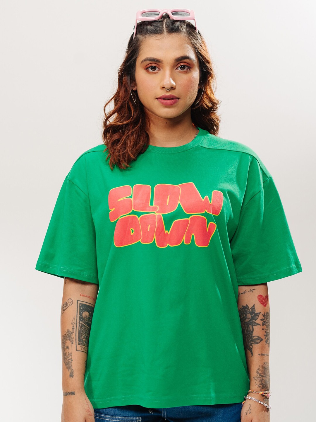 

FREAKINS Typography Printed Round Neck Drop-Shoulder Sleeves Oversized Pure Cotton T-shirt, Green