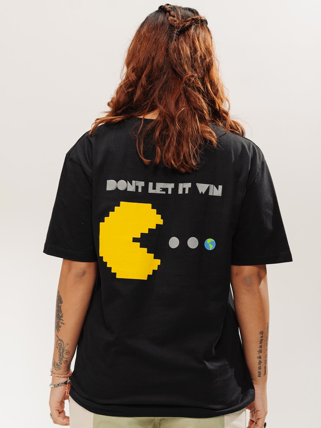 

FREAKINS Graphic Printed Round Neck Drop-Shoulder Sleeves Oversized Pure Cotton T-shirt, Black