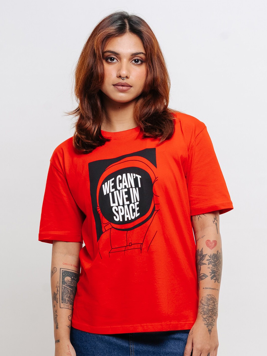 

FREAKINS Typography Printed Round Neck Drop-Shoulder Sleeves Oversized Pure Cotton T-shirt, Red